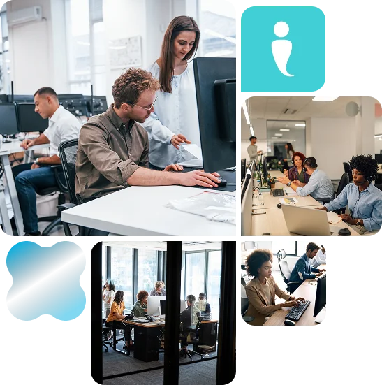 Logo and photo collage groups of IT professionals working in modern office environments